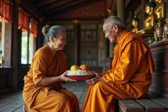 Moine bouddhiste thaïlandais âgé recevant des offrandes d'une femme dans un temple en bois traditionnel, rituel quotidien de respect envers Luang Por en Thaïlande
