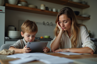 Mère fatiguée avec son enfant à la table de cuisine