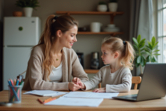 Femme et fille assises à la cuisine avec papiers et crayons
