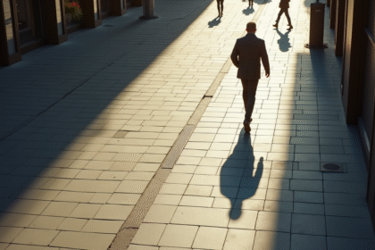 Personne marchant sur le trottoir en ville avec longue ombre