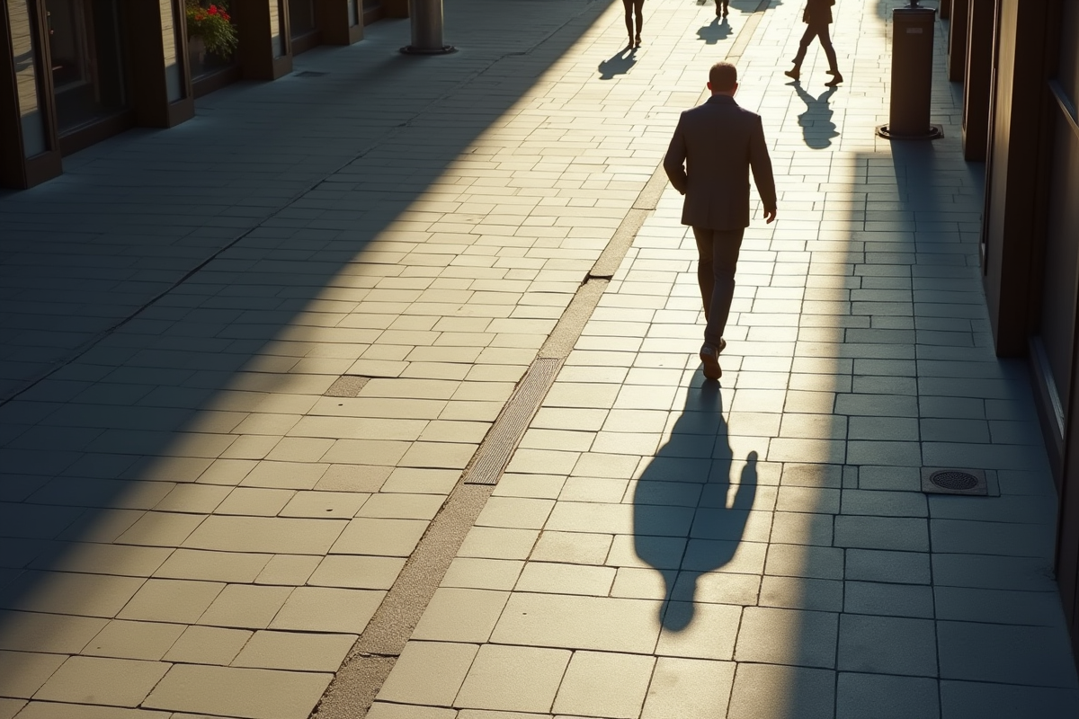 Personne marchant sur le trottoir en ville avec longue ombre