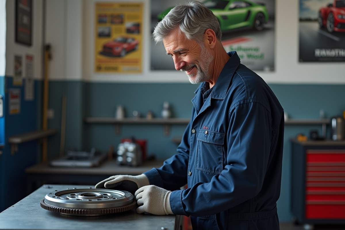 Mécanicien homme en overalls inspectant un volant moteur dans un atelier