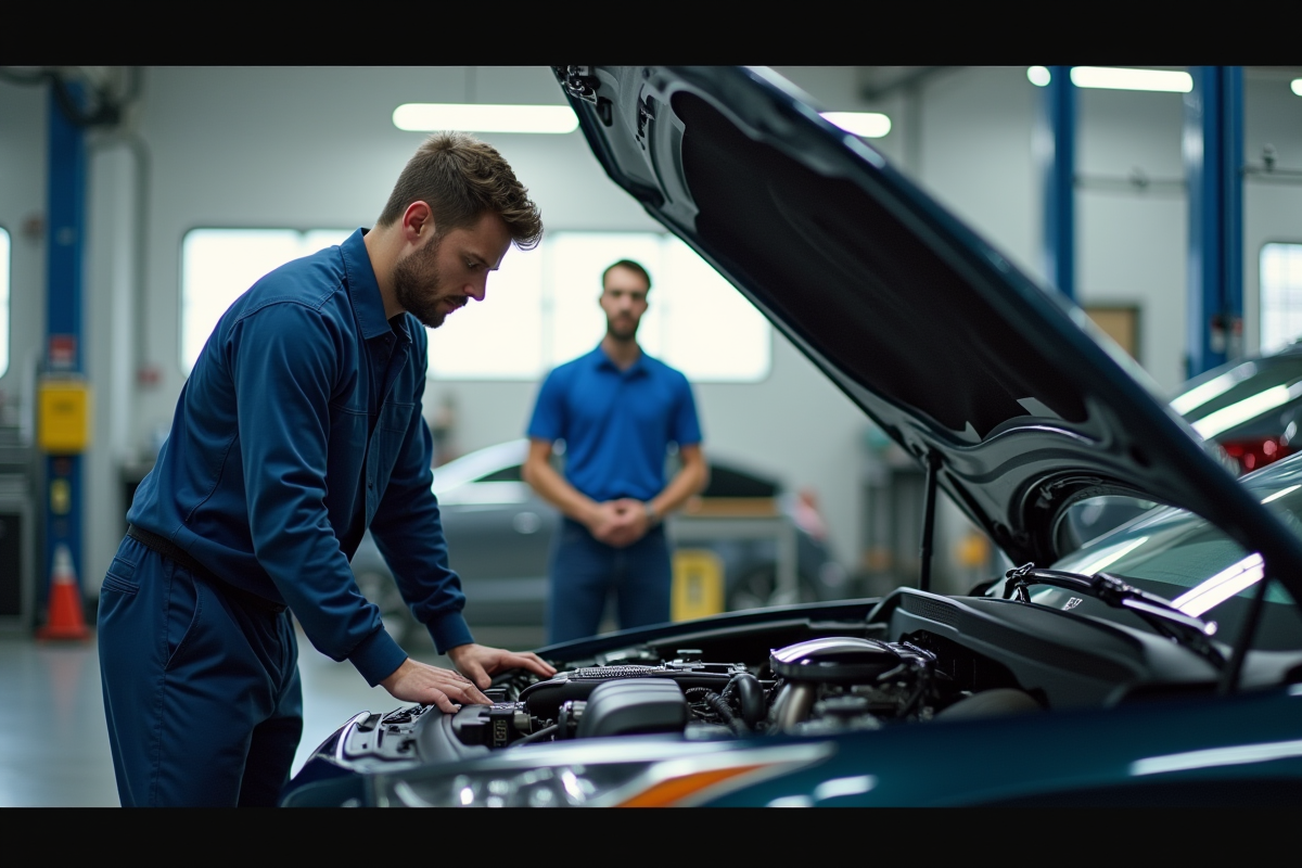 Mécanicien inspectant un moteur hybride en atelier