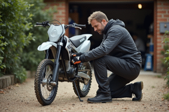 Homme en équipement ajustant la chaîne d'une moto cross 150cc