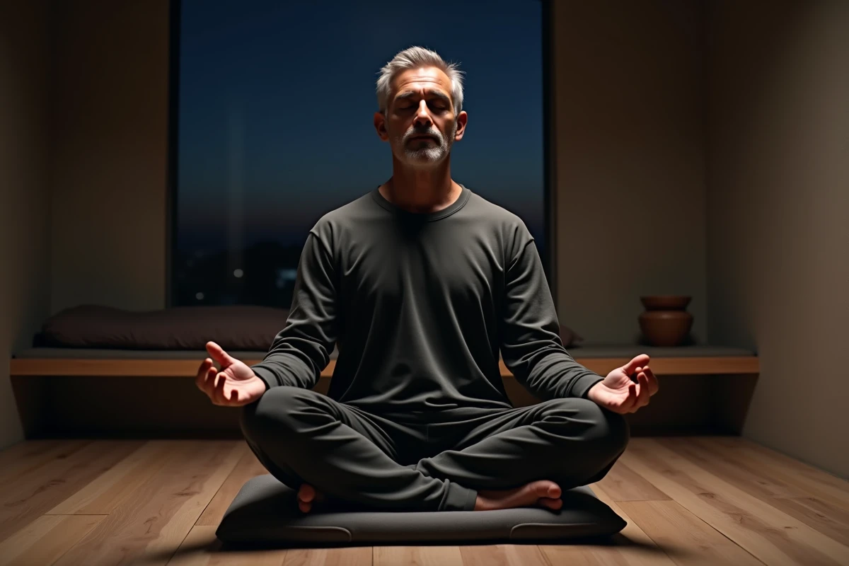 Homme en méditation nocturne les yeux fermés percevant des flashs lumineux spirituels dans l'obscurité