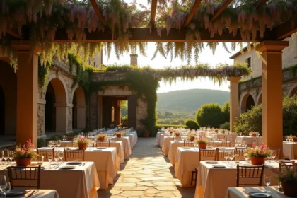 Vue panoramique d'une salle de réception en Occitanie avec tables dressées dans une cour en pierre entourée de vignes