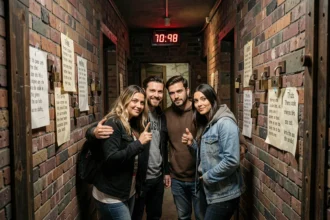 Groupe d'adultes explorant un escape game immersif à Paris, entourés d'énigmes et de décors mystérieux