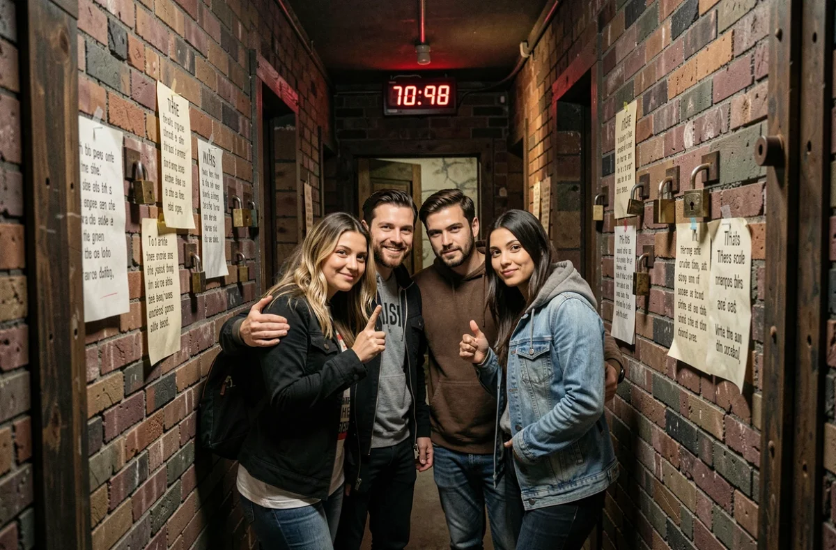 Groupe d'adultes explorant un escape game immersif à Paris, entourés d'énigmes et de décors mystérieux