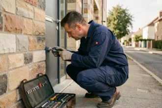 Un serrurier professionnel examine la serrure d'une porte résidentielle dans la Loire