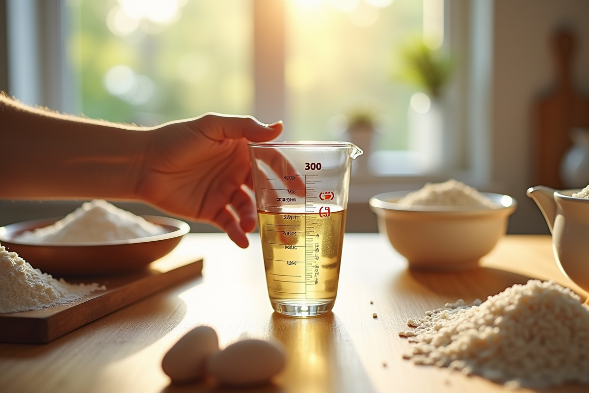 Main tenant un verre doseur avec 300 ml de liquide et ingrédients de cuisine
