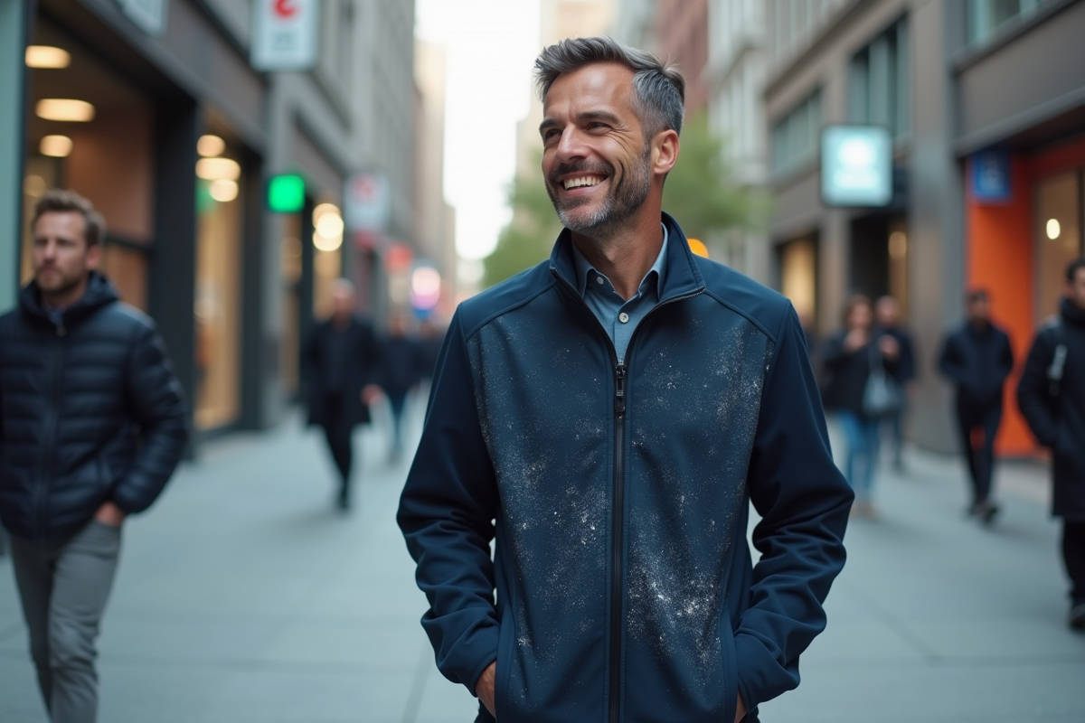 Homme portant veste en tissu intelligent dans la ville
