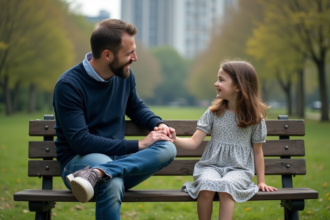Homme et fille assis sur un banc dans un jardin urbain