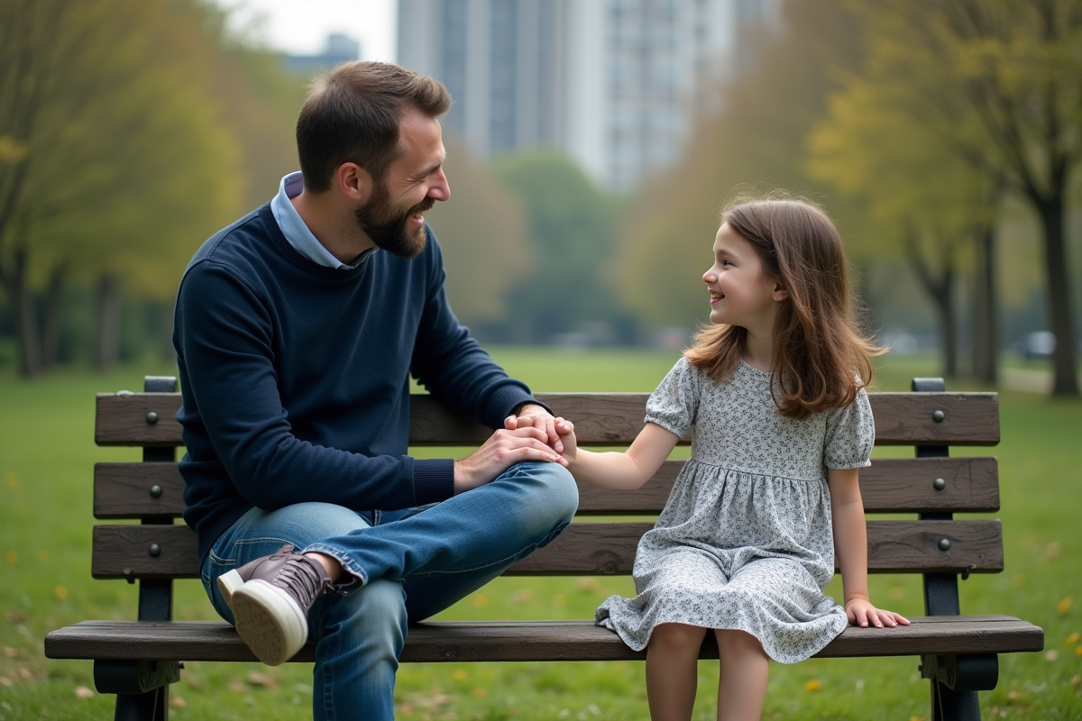 Homme et fille assis sur un banc dans un jardin urbain