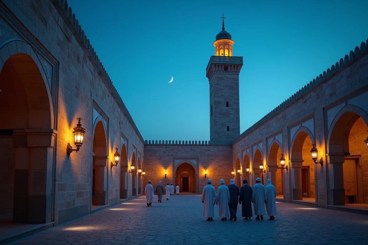 Cour de mosquée à l'aube pendant le Ramadan avec des fidèles se réunissant pour la prière Fajr après l'Imsak