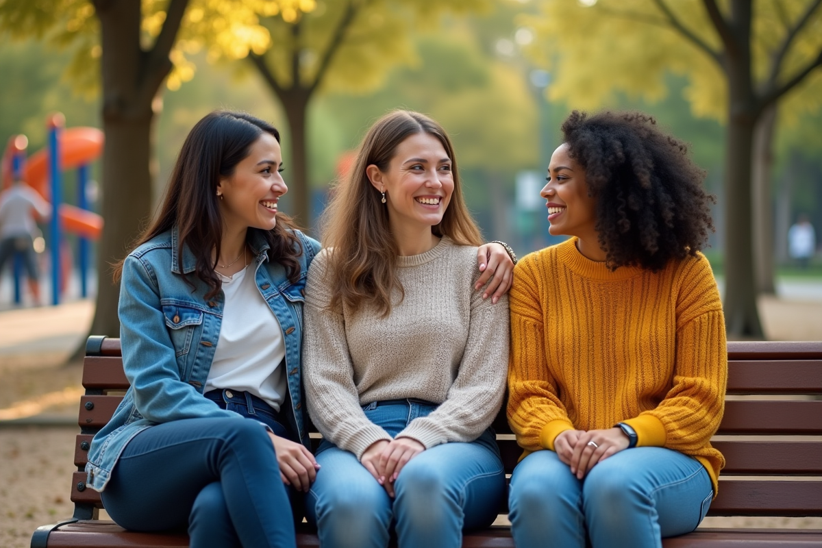 Trois mères discutant sur un banc de parc avec enfants jouant