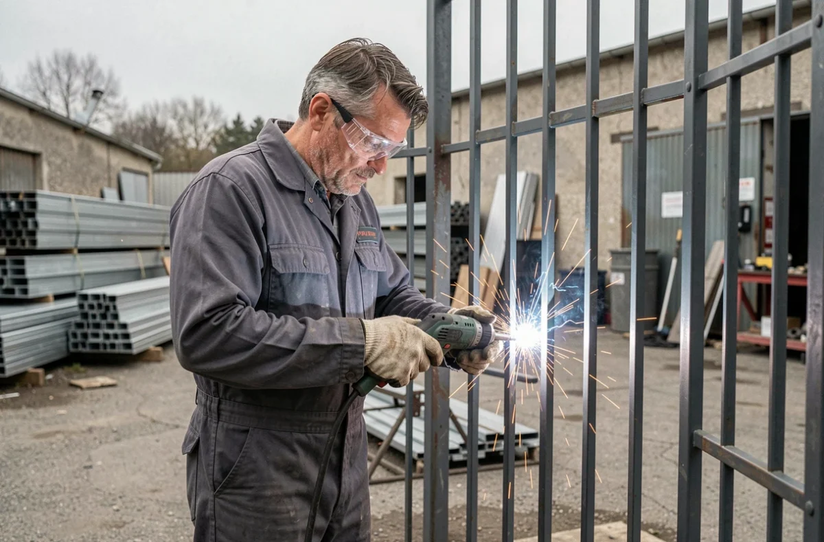 Technicien MSS Métallerie Serrurerie Services soudant un portail métallique de sécurité dans un atelier industriel