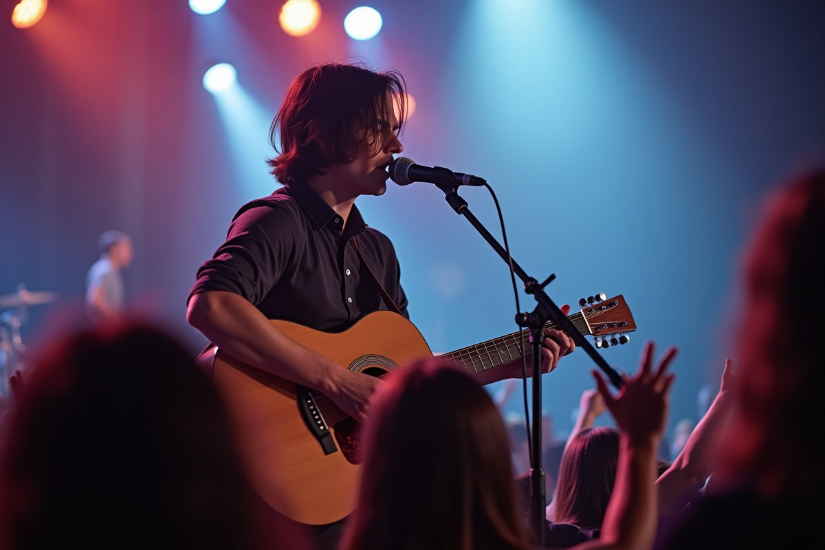 Jeune musicien rock jouant de la guitare sur scène