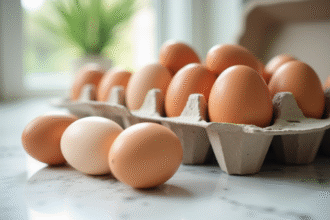 Une douzaine d'oeufs de poulet sur un plan de travail en marbre avec lumière naturelle