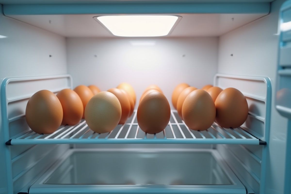 Oeufs dans un réfrigérateur avec lumière LED naturelle à hauteur d
