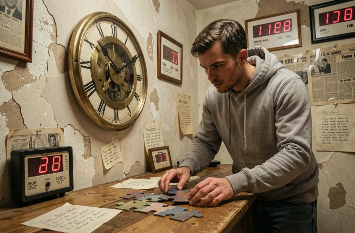 Joueur face à une énigme d'horloge sous pression dans l'escape room One Hour à Paris