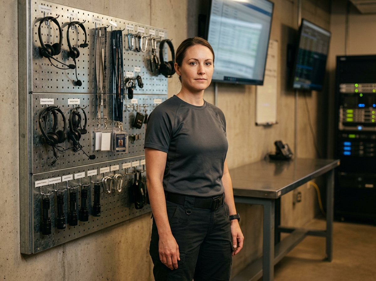 Femme organisant ses accessoires de mission sur un tableau mural avec crochets étiquetés dans une salle d'opérations professionnelle