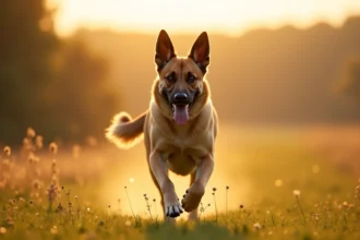 Malinois croisé Labrador jouant dans un jardin ensoleillé