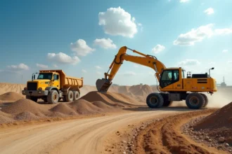 Mini-pelle en action pour évacuer gravillons et sable sur un chantier