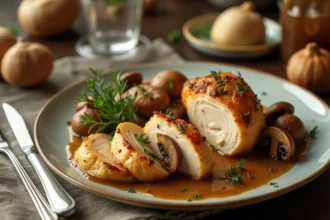 Chapon découpé avec crème et champignons sur une table festive