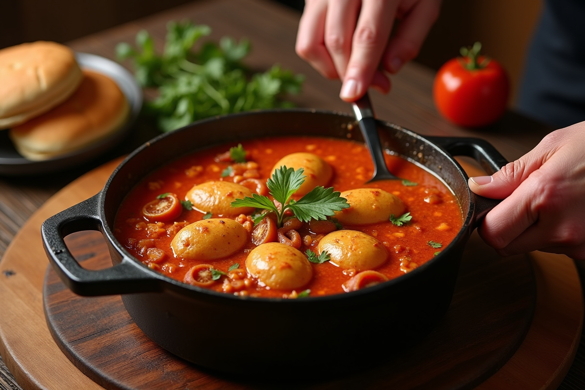 Mains servant une portion de carbonade flamande chaleureuse