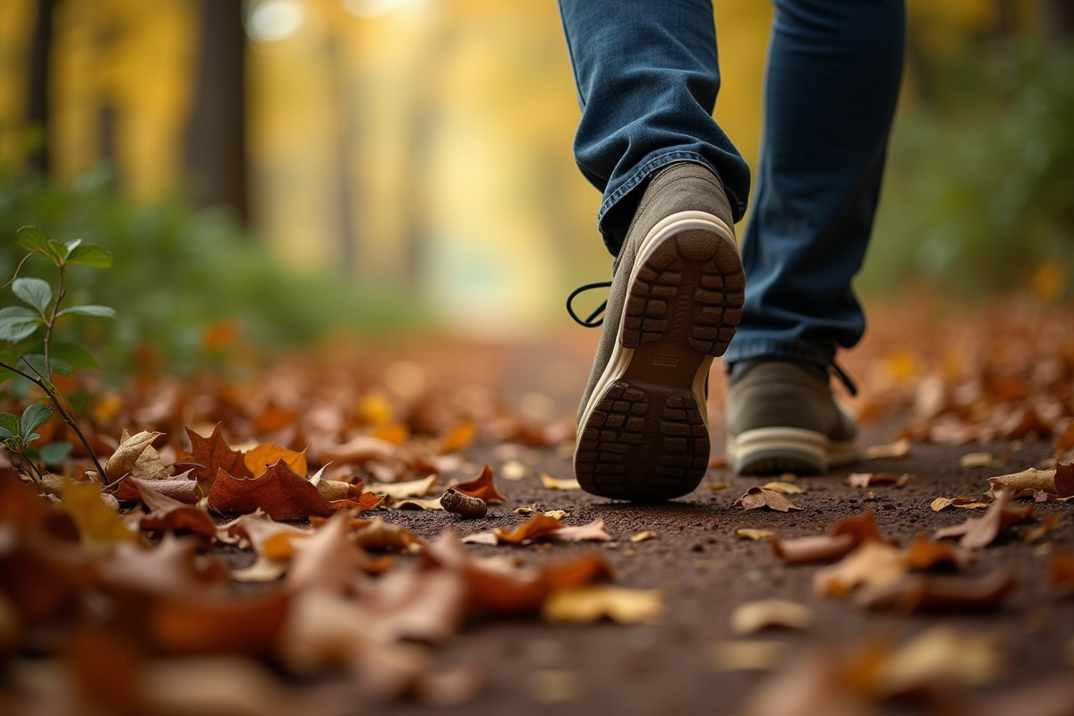 Pieds marchant sur un sentier boisé recouvert de feuilles