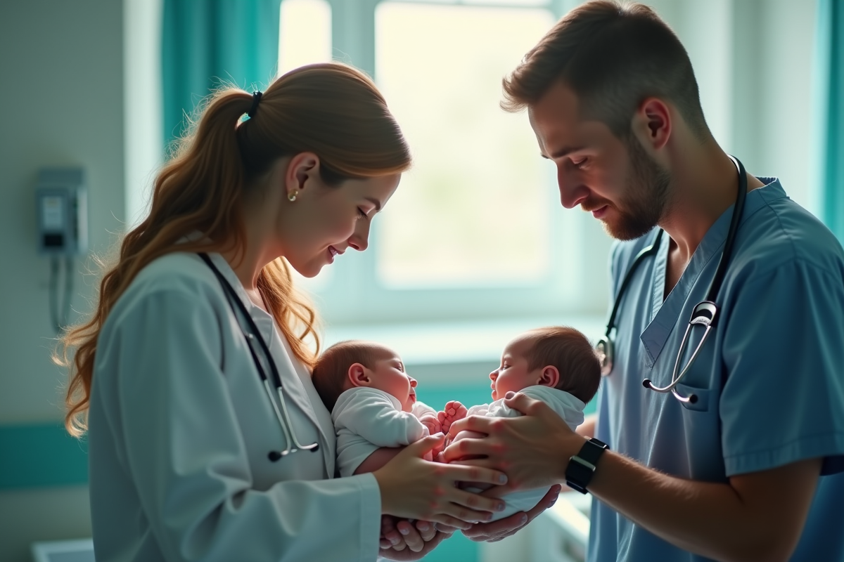 Pediatre examine des jumeaux conjoins avec leurs parents
