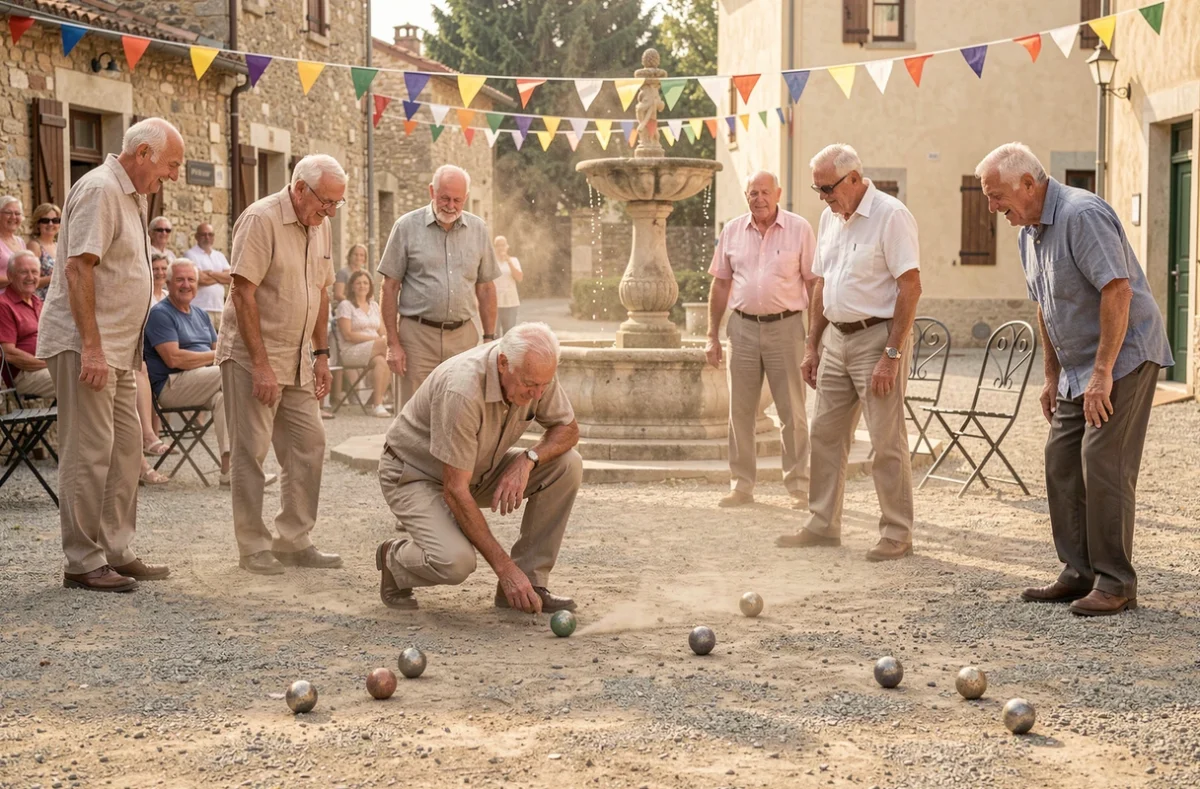 Groupe d'hommes âgés jouant à la pétanque sur une place de village lors d'une fête locale estivale avec spectateurs et décors de fête régionale