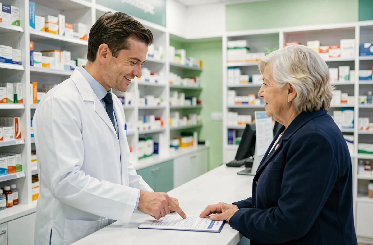 Pharmacien expliquant la complémentaire santé et la CMU à une patiente âgée