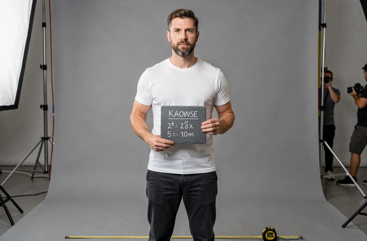 Figurant masculin posant de face avec un panneau d'identification lors d'une séance photo de casting officielle
