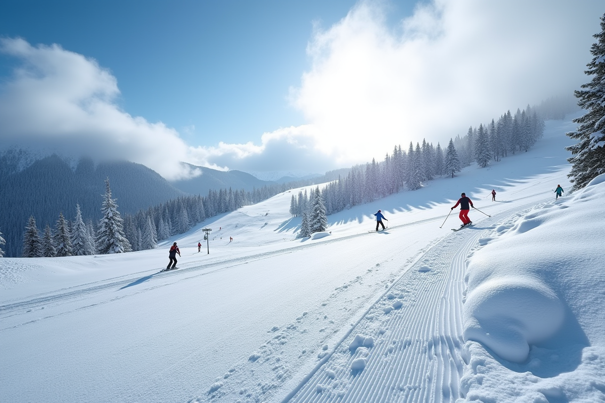 Pistes de ski enneigees au Bessat vues d'en haut