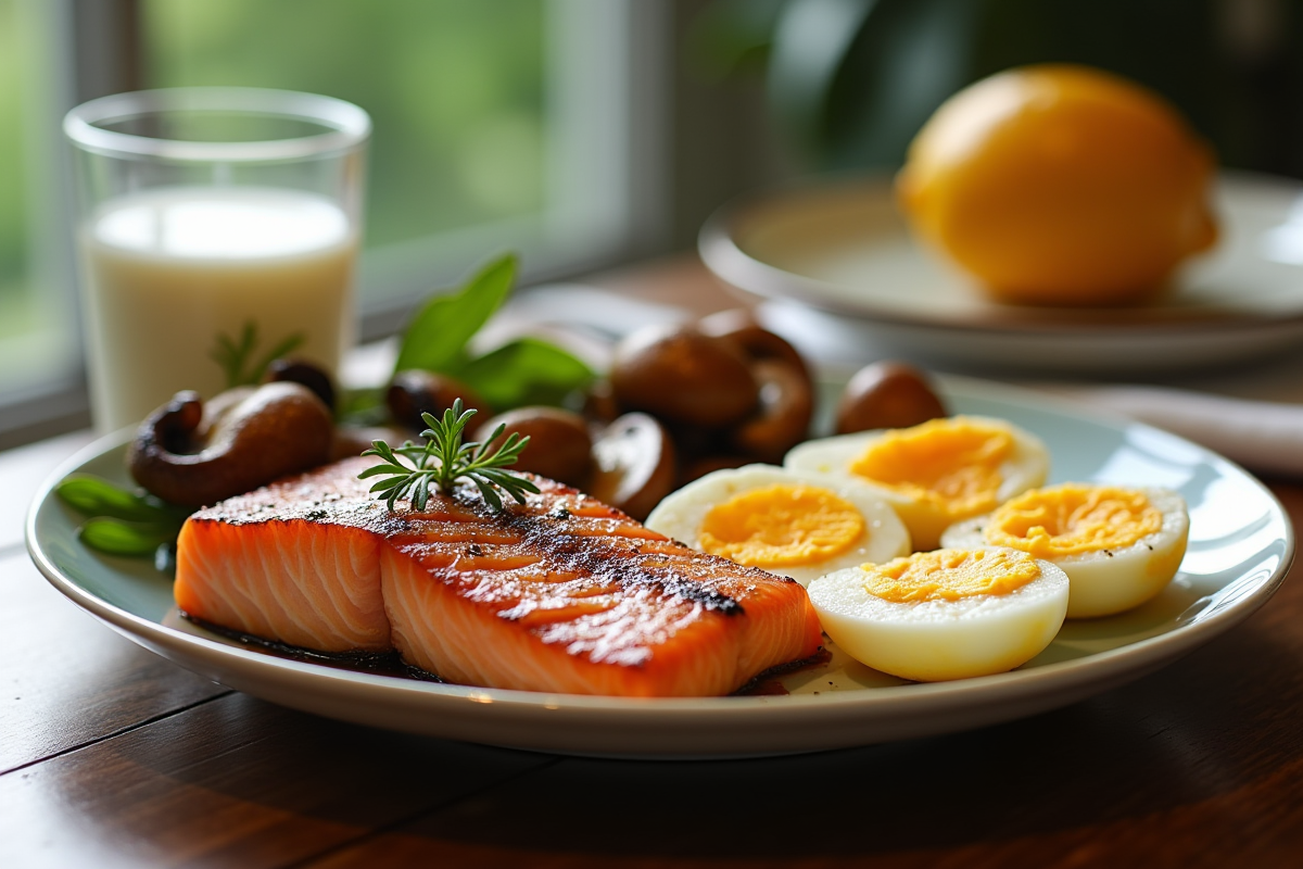 Assiette avec saumon grillé et champignons sautés