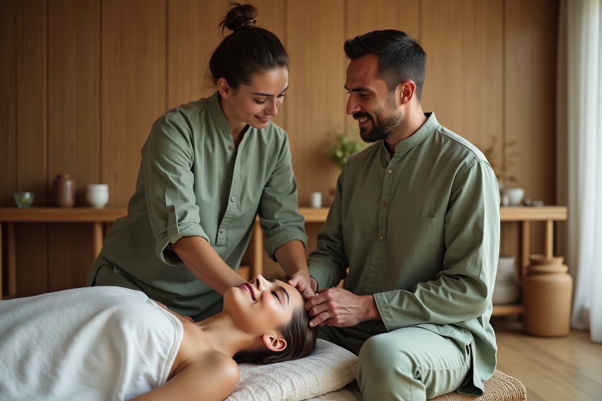 Praticien en acupressure appliquant une pression sur l epaule d un client