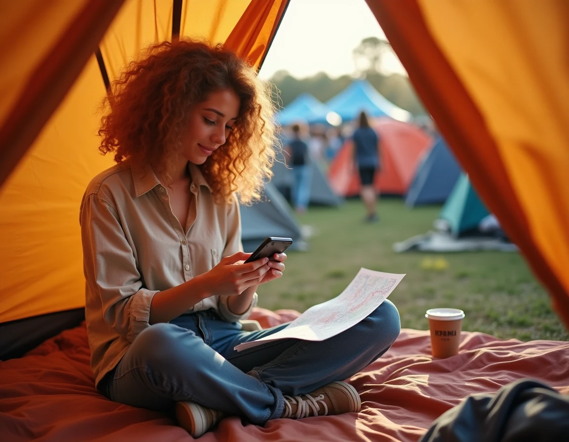 Jeune femme planifiant son séjour au festival Vieilles Charrues depuis sa tente de camping