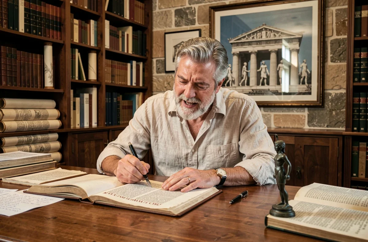 Professeur de lettres classiques annotant un manuscrit ancien sur Athéna dans une bibliothèque universitaire historique