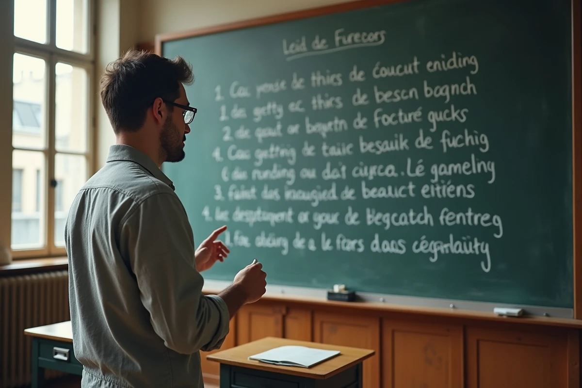 Professeur expliquant les rimes suffisantes et riches devant un tableau noir rempli de mots en français