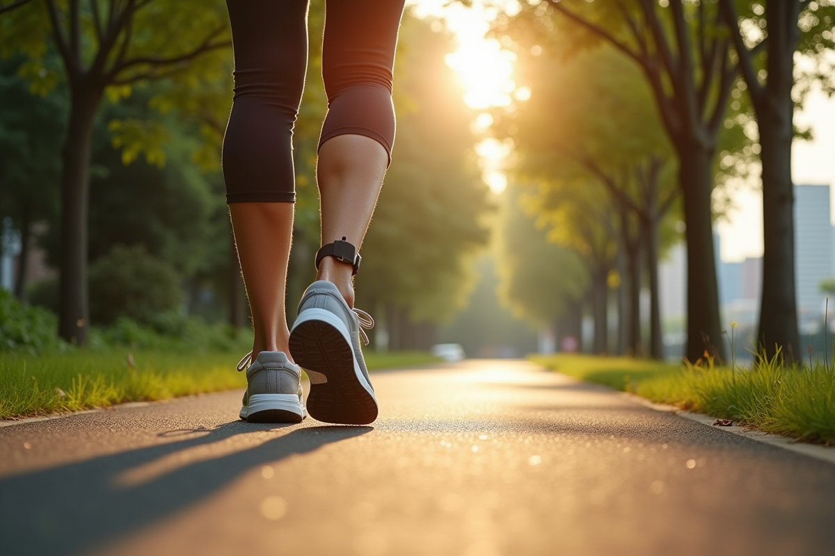 Personne marchant dans une rue arborée en ville avec sneakers et montre connectée