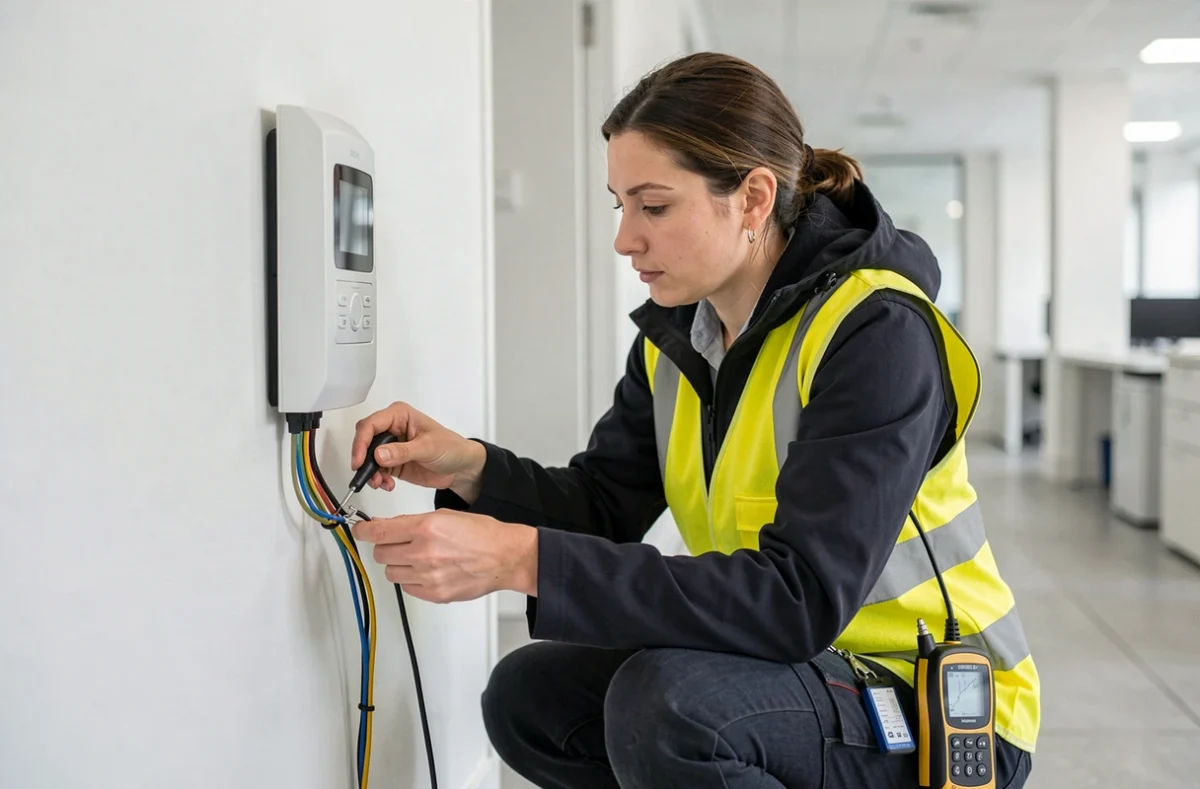 Technicienne Qualitelec raccordant un panneau de contrôle d'accès électrique dans un immeuble de bureaux