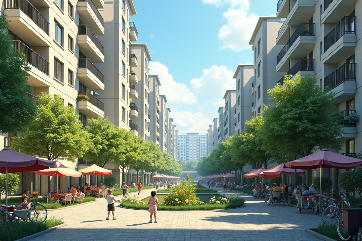 Quartier résidentiel paisible avec enfants et marché local