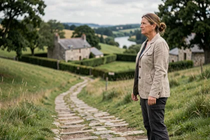 Femme en randonnée sur un chemin de pierre à Saint-Goussaud avec vue sur les collines verdoyantes de la Creuse