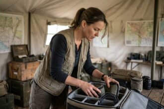 Femme organisatrice de mission rangeant ses accessoires dans un sac à compartiments dans une tente de terrain