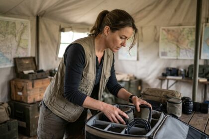 Femme organisatrice de mission rangeant ses accessoires dans un sac à compartiments dans une tente de terrain