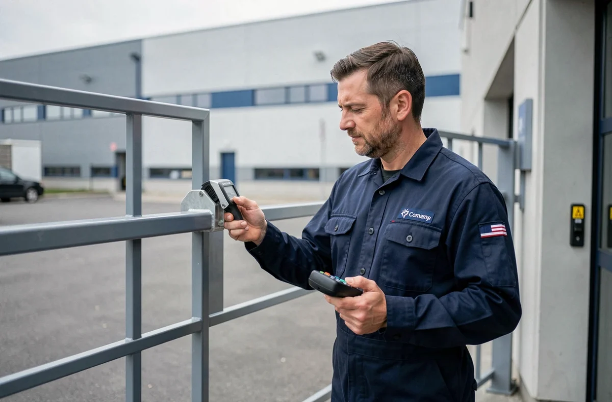 Technicien du groupe RBD-SVS inspectant le moteur d'un portail coulissant automatisé