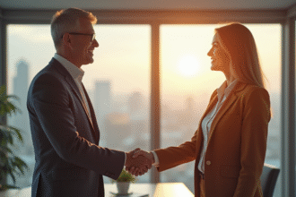 Homme et femme confiants serrant la main avec un conseiller en carrière dans un bureau lumineux