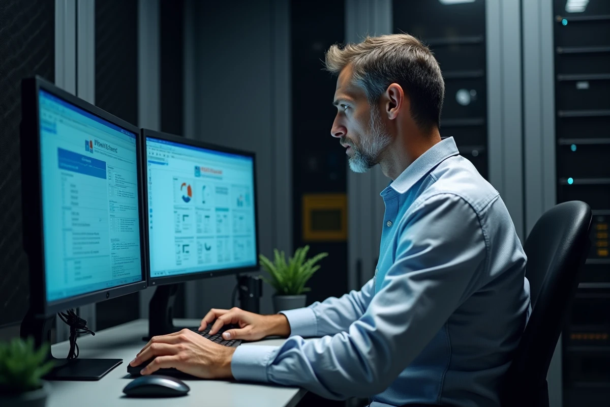 Responsable informatique configurant un logiciel de conformité IRIS02 sur poste de travail à double écran