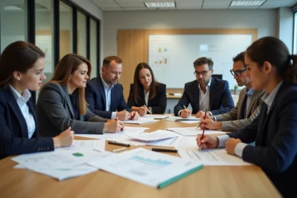 Groupe d'enseignants et administrateurs en réunion dans une école